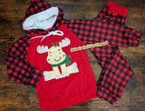 Embroidered Plaid Moose Hoodie Set