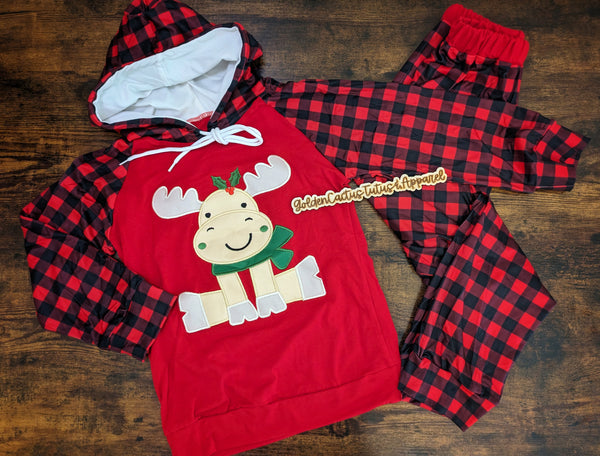 Embroidered Plaid Moose Hoodie Set