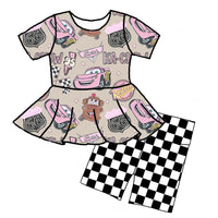 Pink Car Peplum Biker Shorts Set (PRE PRODUCTION. 4-5 WEEK TAT. CLOSES 02/07)