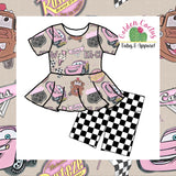 Pink Car Peplum Biker Shorts Set (PRE PRODUCTION. 4-5 WEEK TAT. CLOSES 02/07)