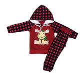 Embroidered Plaid Moose Hoodie Set