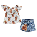 Jeans-Shorts-Set mit Highland-Cowboy-Motiv